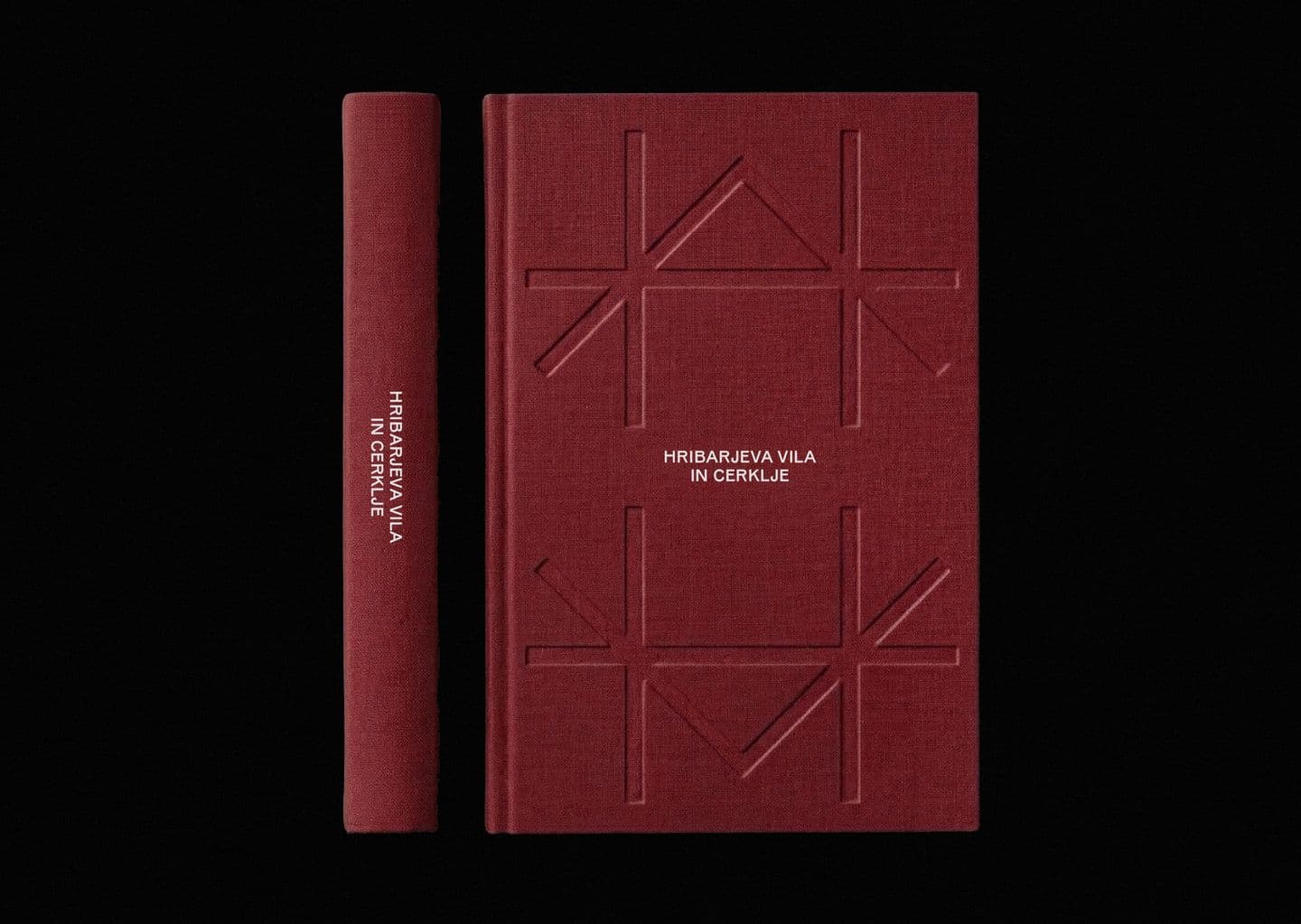 Against a black background, a dark red clothbound book and its spine feature debossed geometric patterns and white text reading "HRIBARJEVA VILA IN CERKLJE".